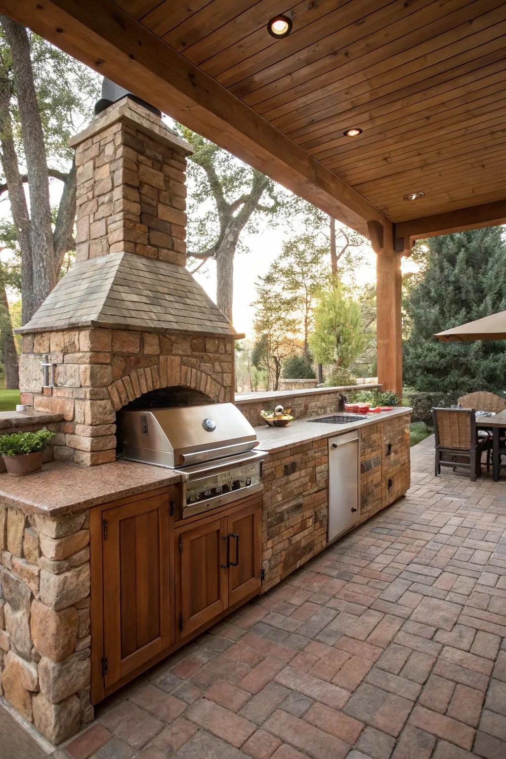 Brick countertops offer rustic charm and durability for your outdoor cooking area.