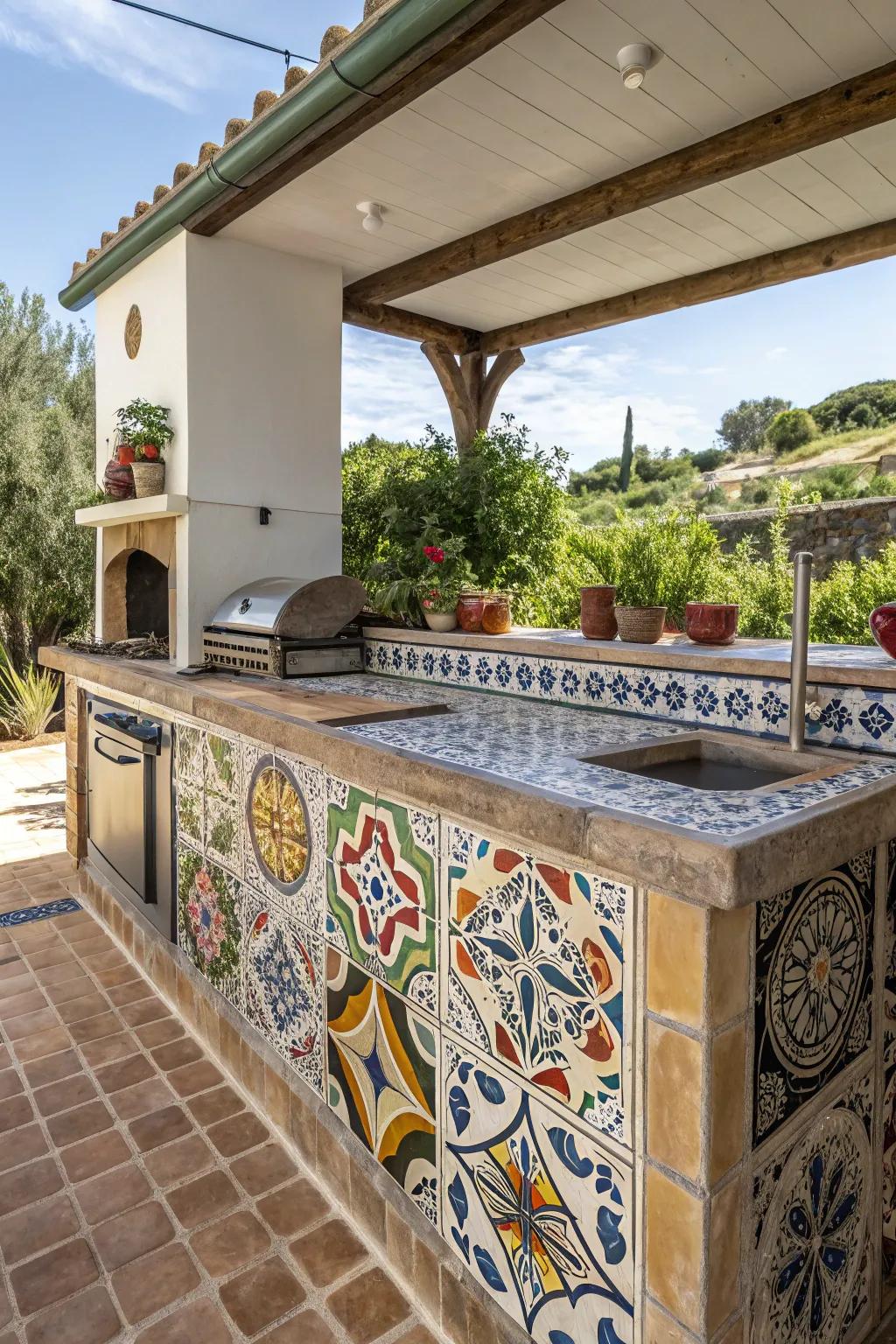 Ceramic tile countertops bring creativity and color to your outdoor kitchen.