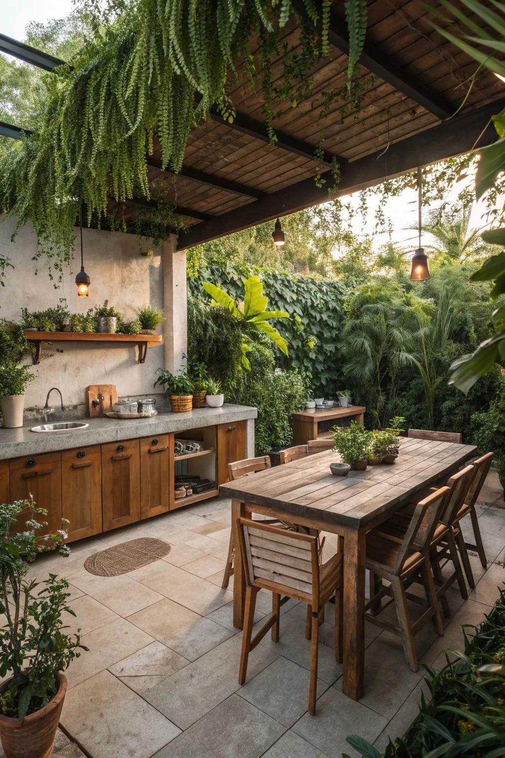 Wooden countertops add a natural and organic vibe to your outdoor space.