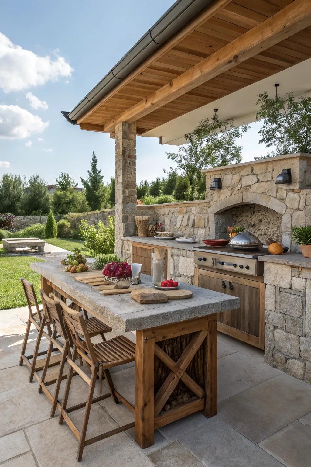 Mixing materials like stone and wood adds texture and visual interest to your outdoor kitchen.