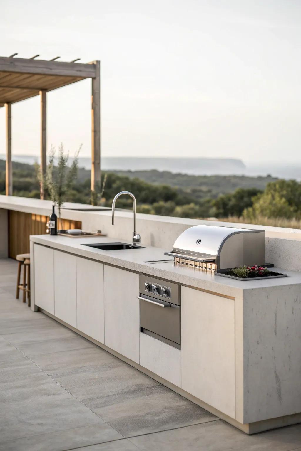 Minimalist countertops provide a sleek and sophisticated look for modern outdoor kitchens.