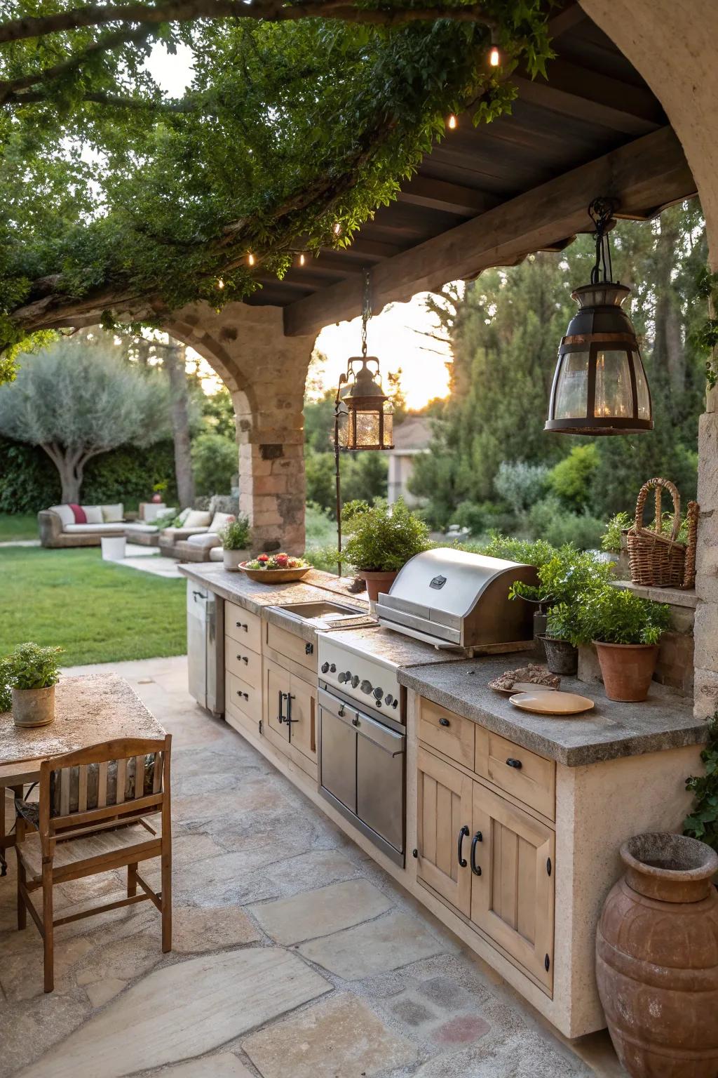 Limestone countertops add a touch of rustic elegance to your outdoor setting.