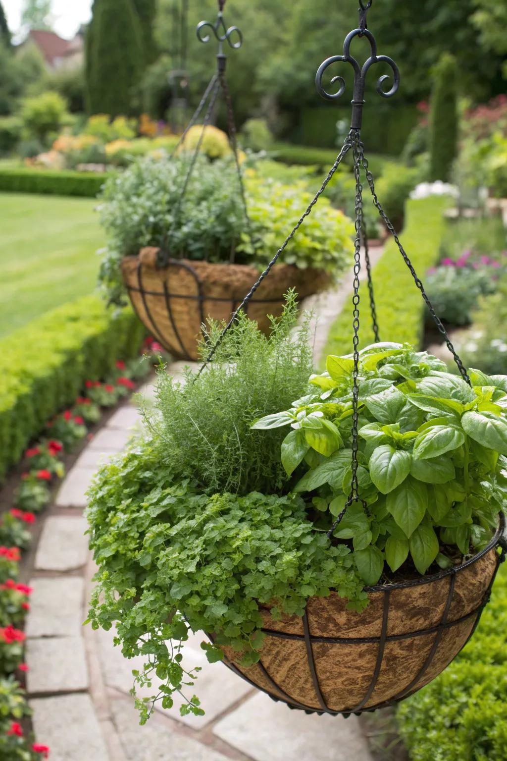 Hanging baskets make herbs accessible and decorative.