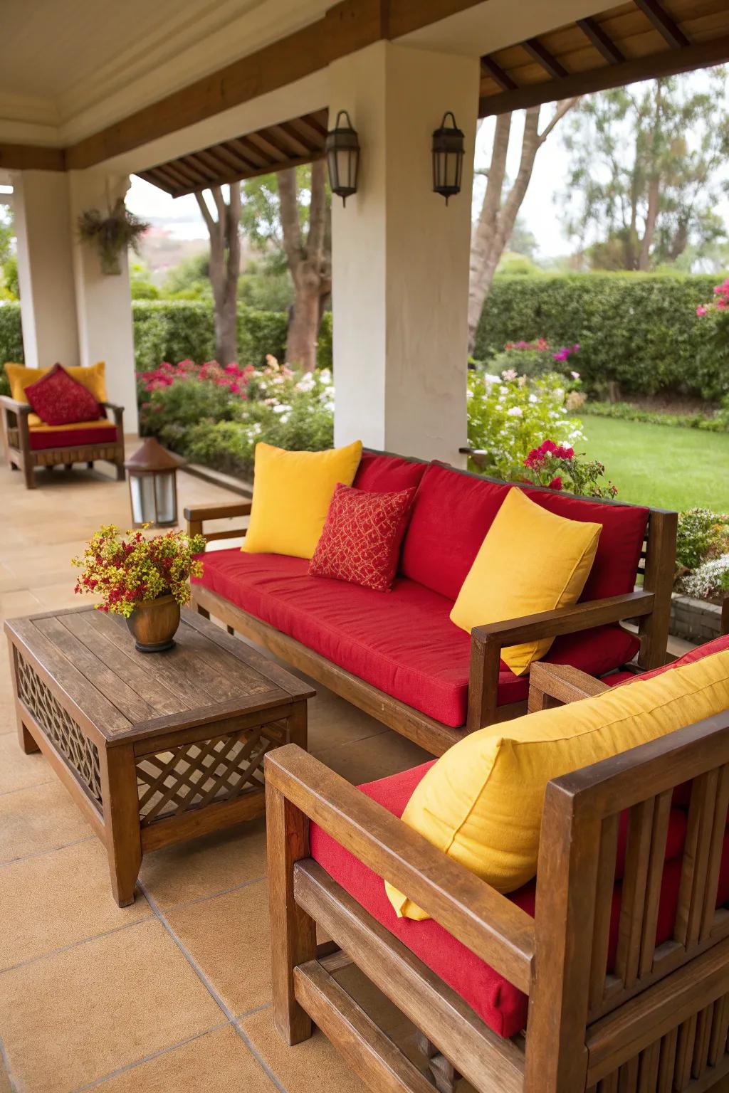 Bright reds and yellows add an energetic touch to your outdoor decor.