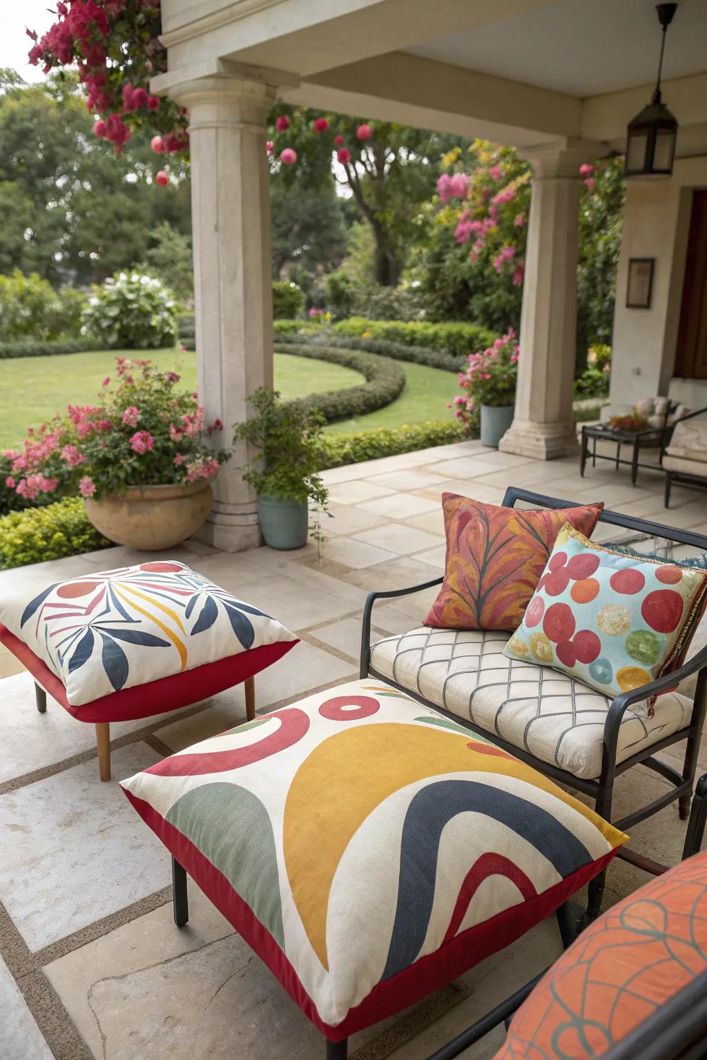 Art-inspired cushions add a creative flair to any patio.