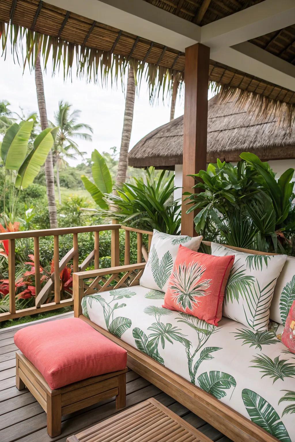 Tropical prints and colors create a resort-like atmosphere in your own backyard.