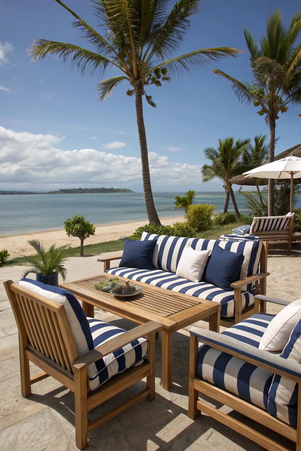Navy and white stripes add a timeless coastal charm.