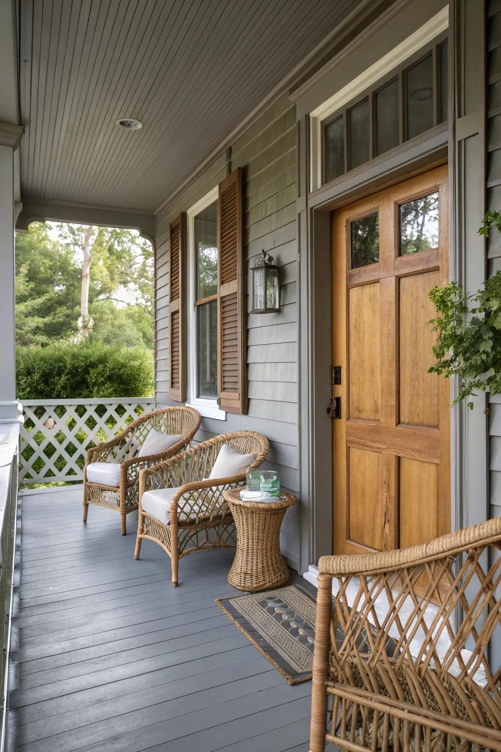Natural textures soften the look of a gray porch.