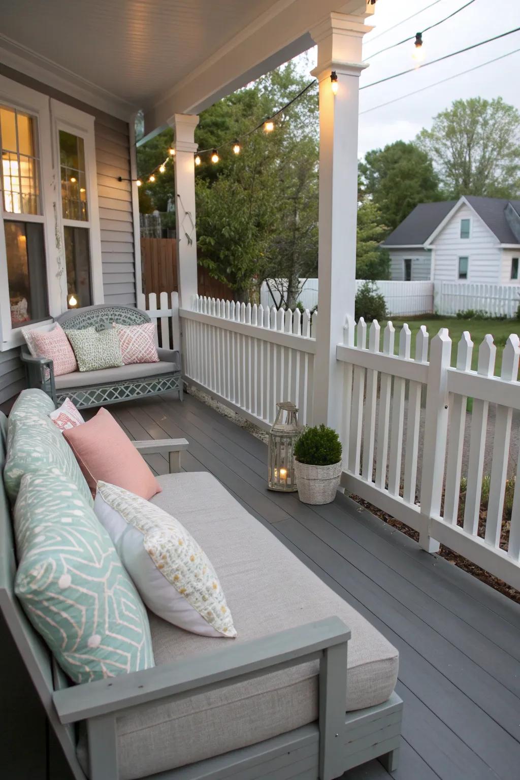 A cozy seating area with gray cushions and pillows.