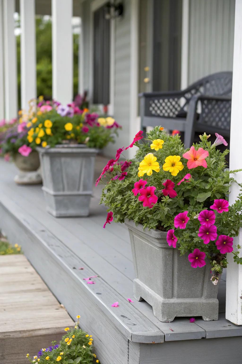 Gray planters showcase vibrant blooms on the porch.