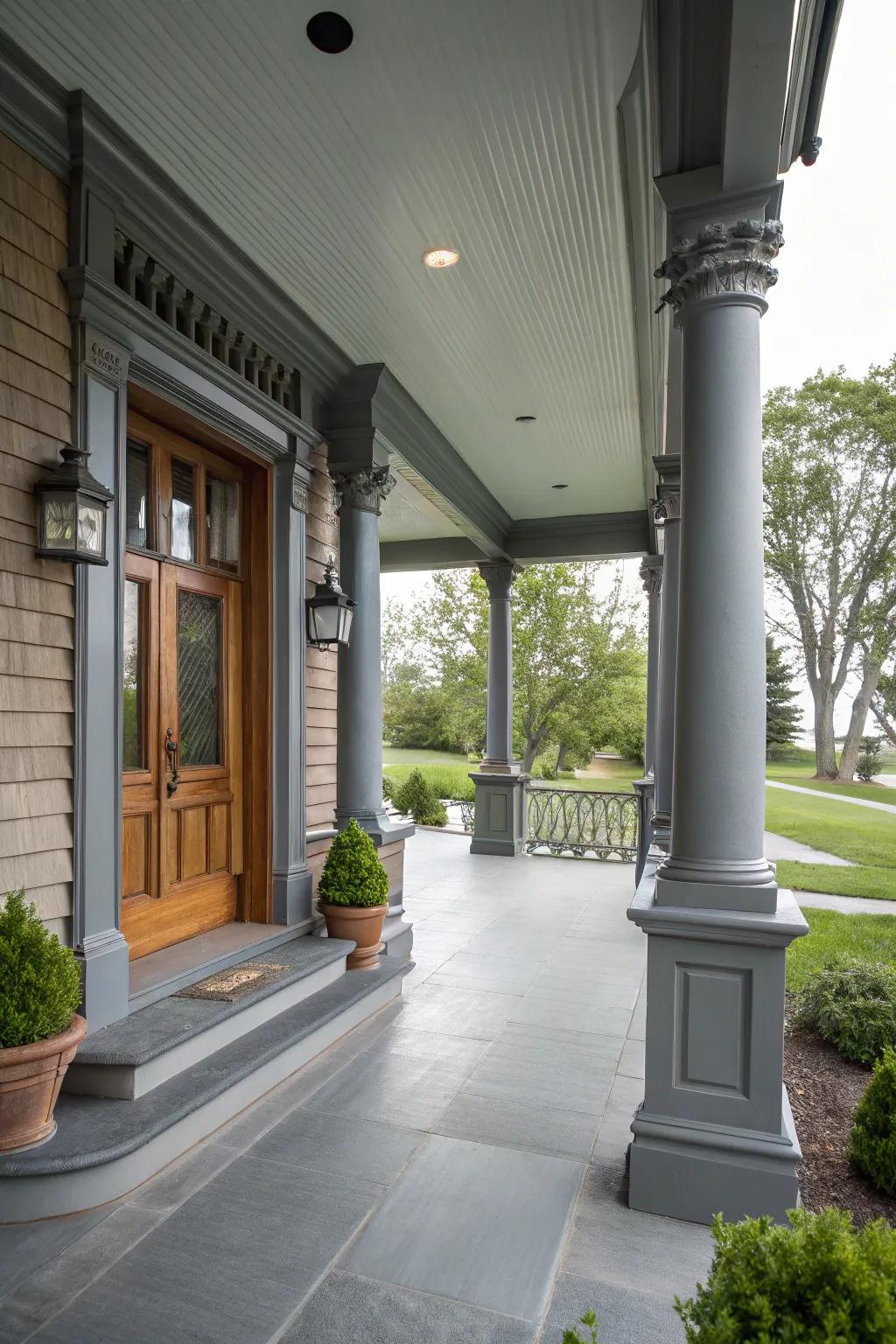 Gray enhances architectural details on the porch.