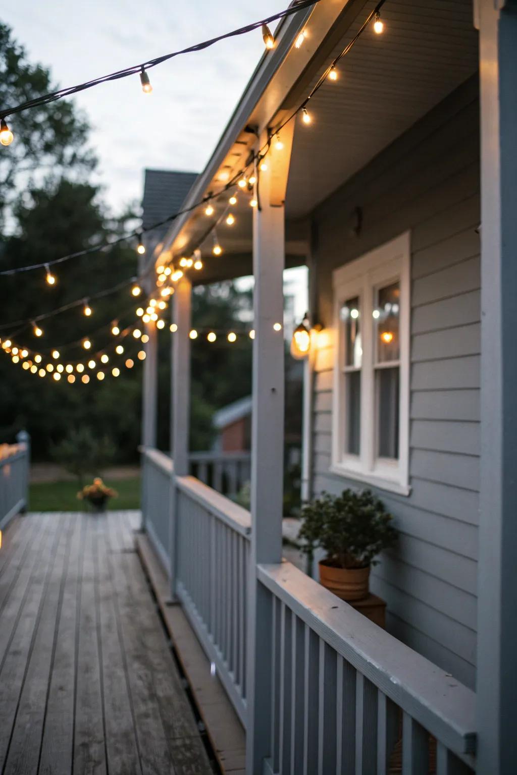 String lights add a warm glow to a gray porch.