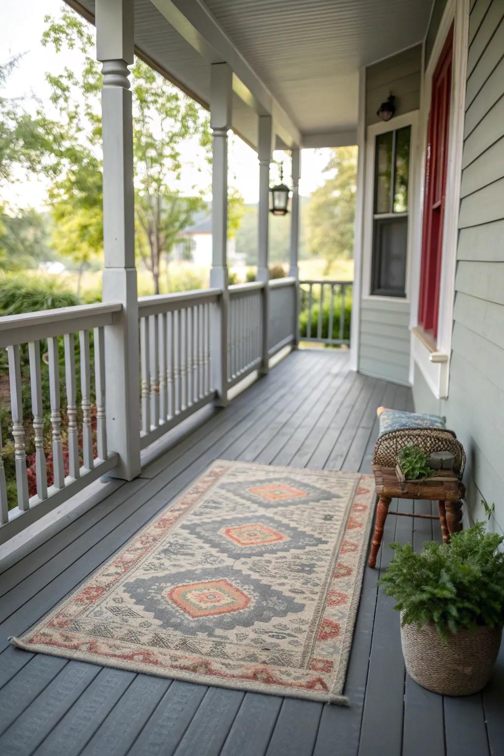 A soft rug adds warmth and texture to a gray porch.