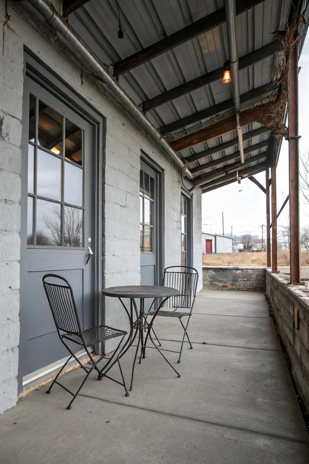 Metal elements add an industrial twist to a gray porch.
