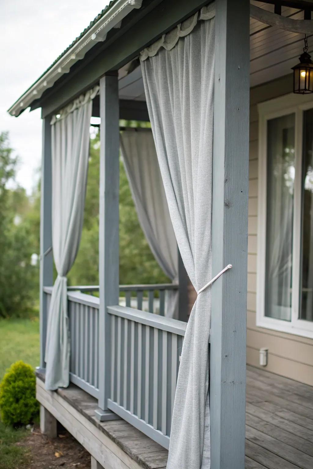 Gray curtains offer privacy and soft lighting on the porch.