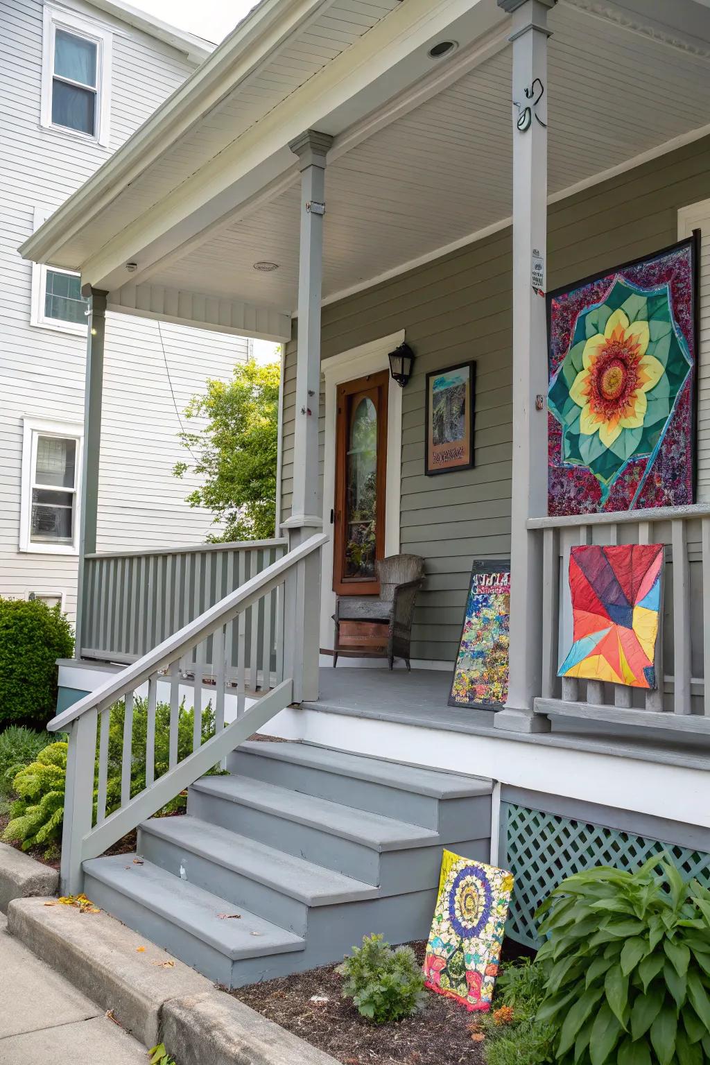 Outdoor art adds personality to a gray porch.
