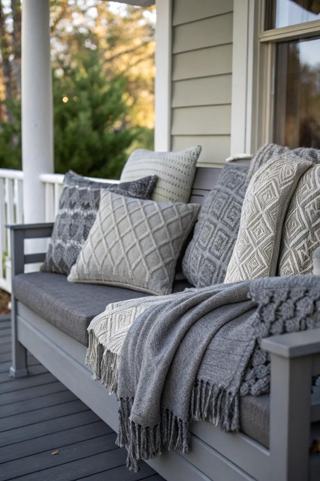 Textured fabrics create a plush and inviting porch.