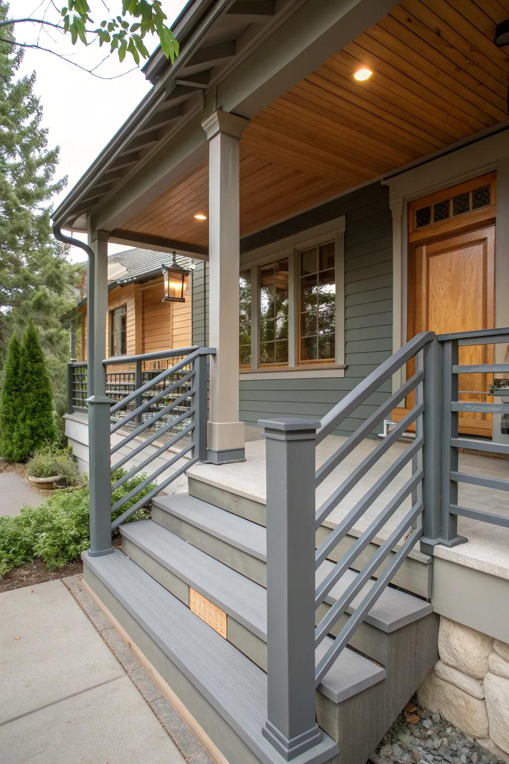Sleek gray railings add a modern touch to the porch.