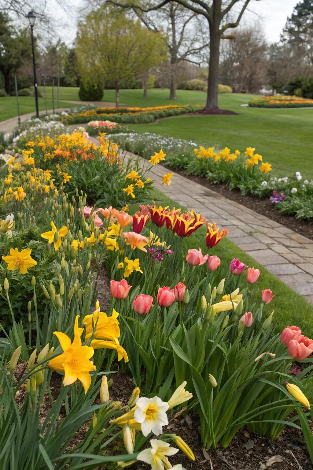 Daylilies mixed with seasonal bulbs for year-round garden interest.