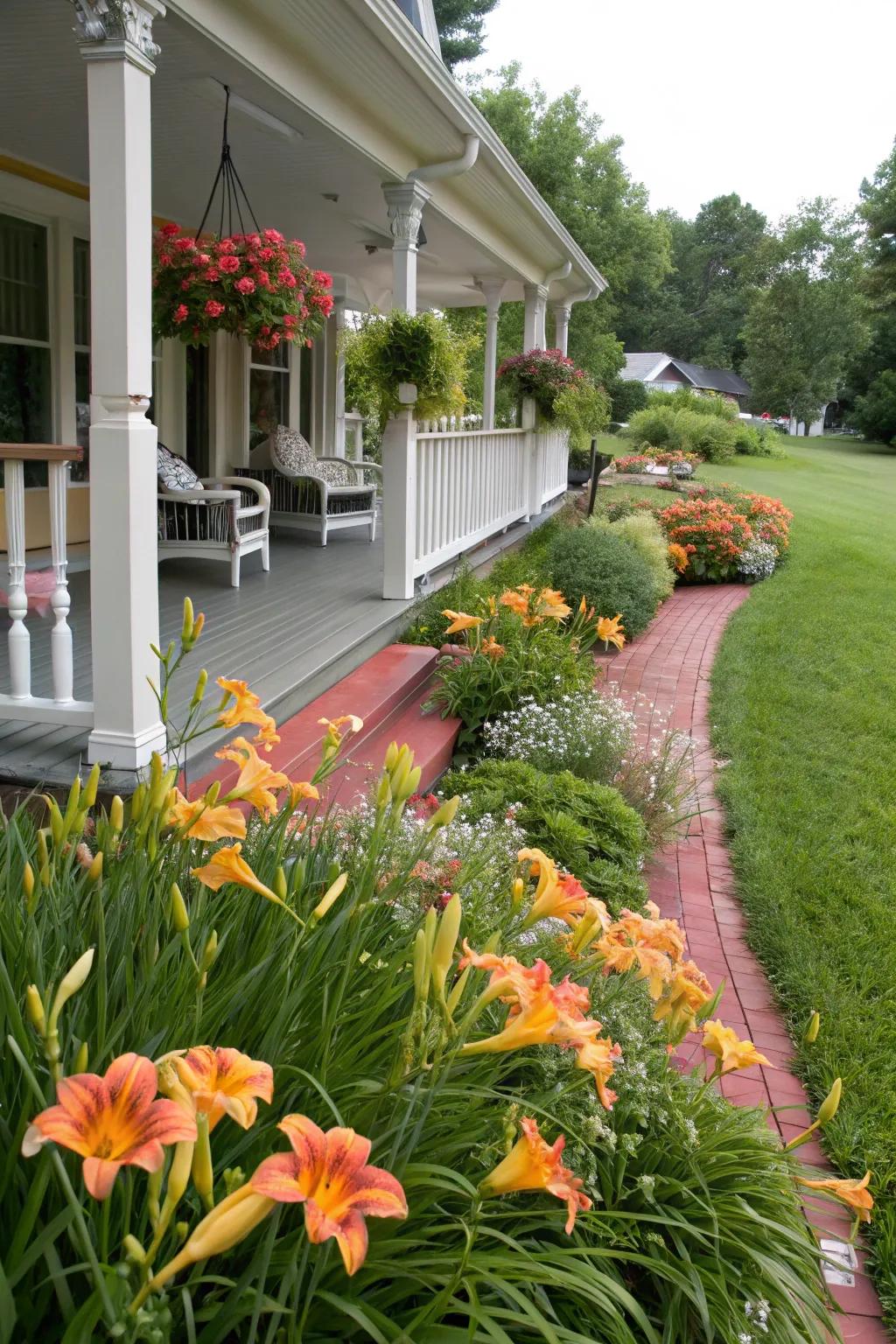 Front yard enhanced with vibrant daylilies adding instant curb appeal.