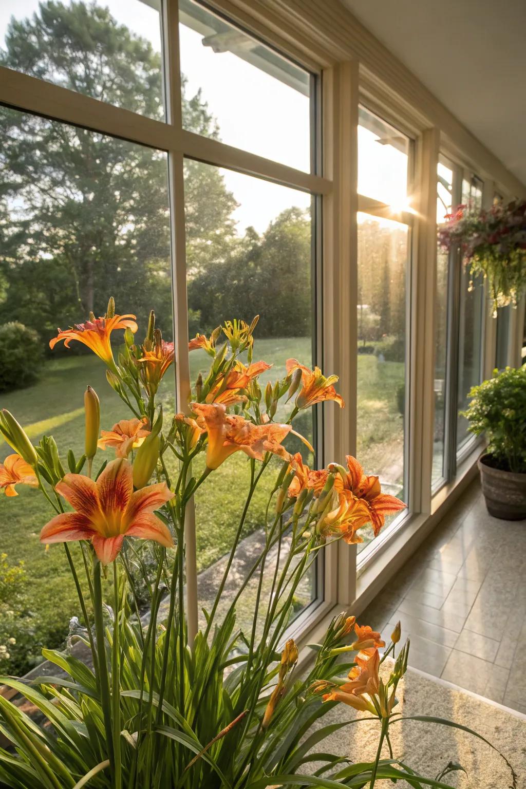Daylilies enhancing the view from a sunroom with their vibrant blooms.