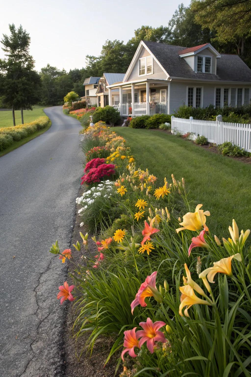 A driveway lined with daylilies creating a grand entrance.