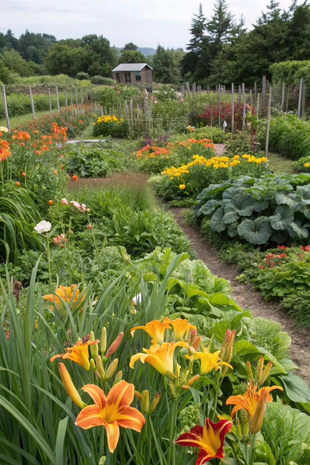 Daylilies adding beauty to a garden filled with edible plants.