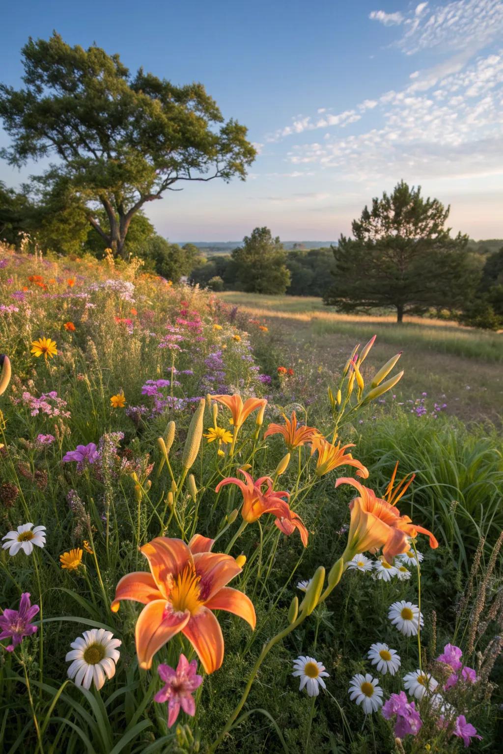 Daylilies adding elegance to a wildflower garden.