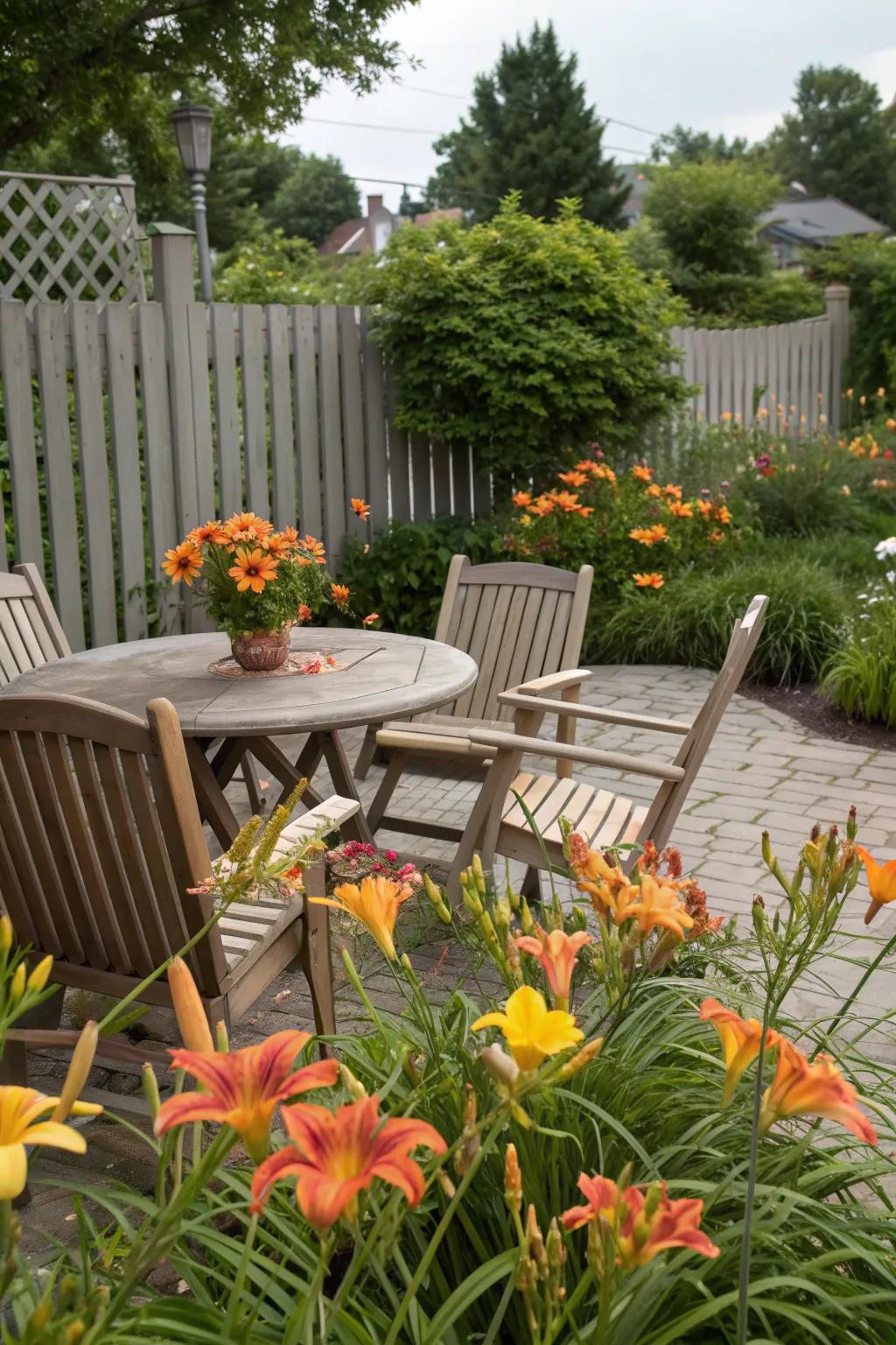 A serene backyard retreat with daylilies enhancing the tranquility.