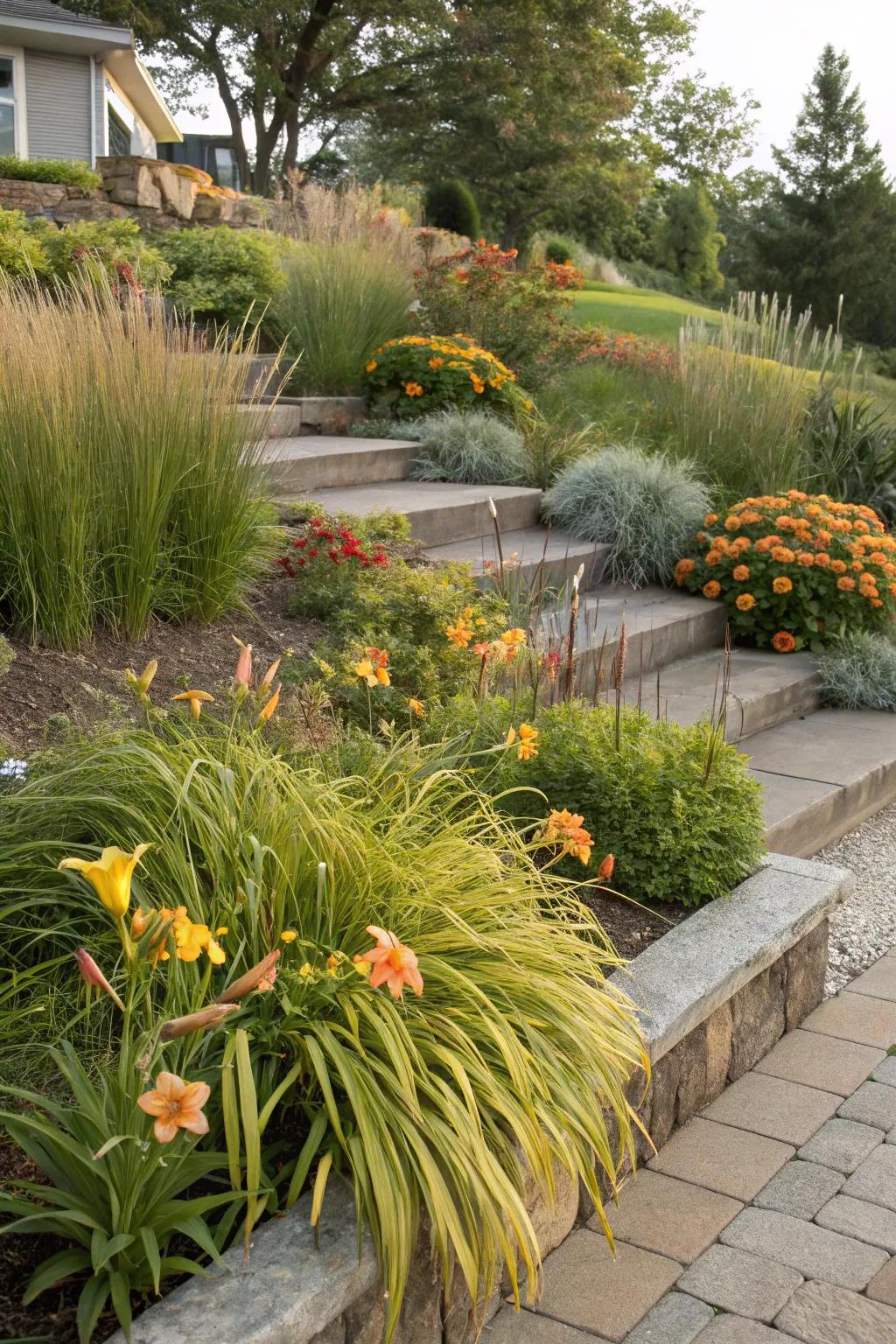 Layered planting with daylilies adding depth and visual interest.