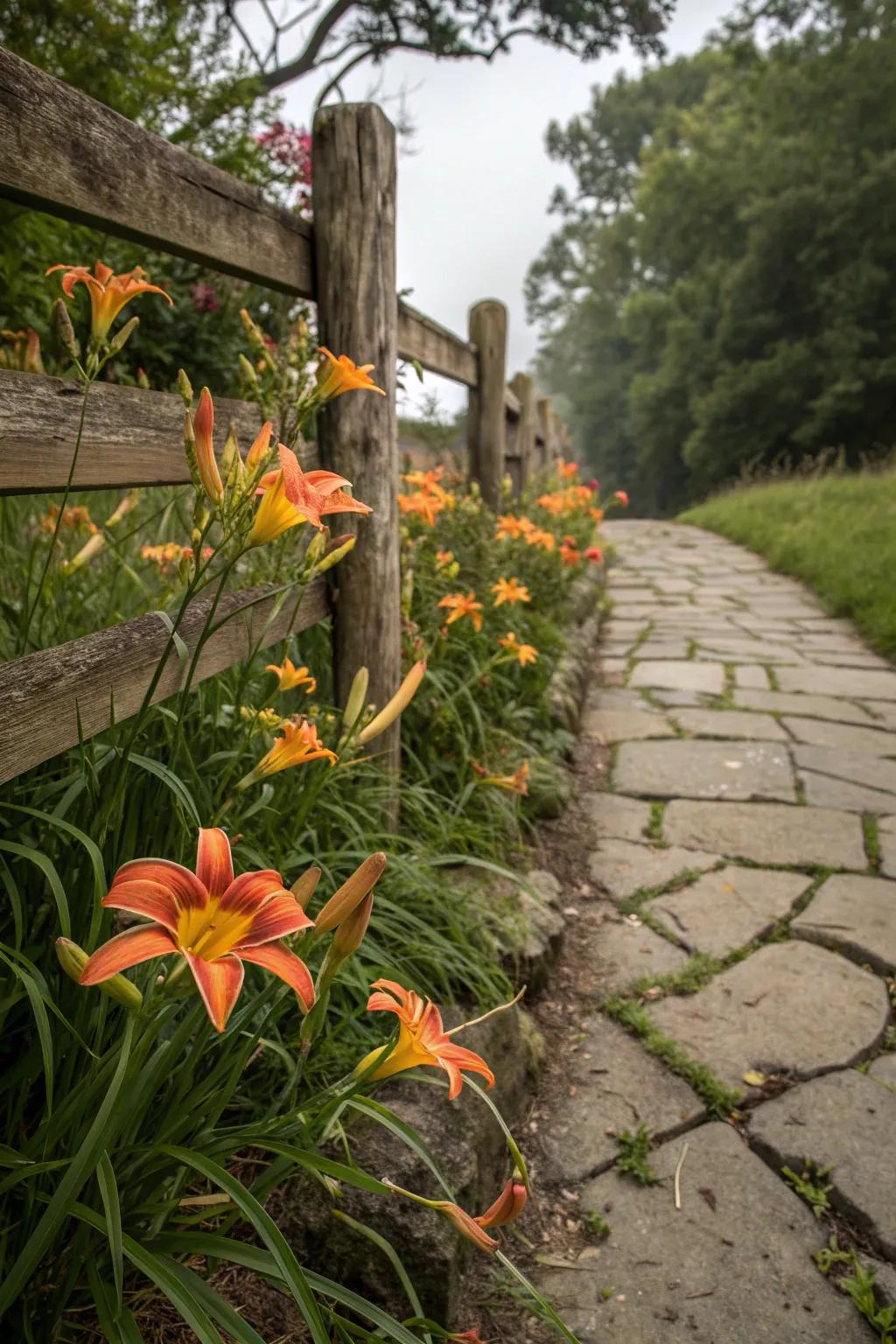 Daylilies adding charm alongside rustic garden elements.