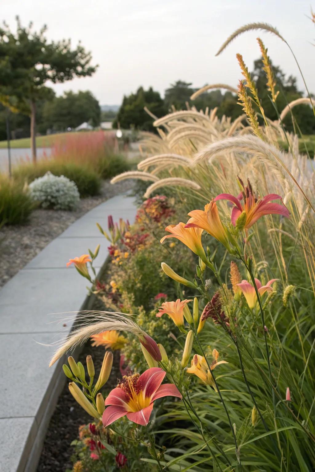 Daylilies paired with ornamental grasses for texture and movement.