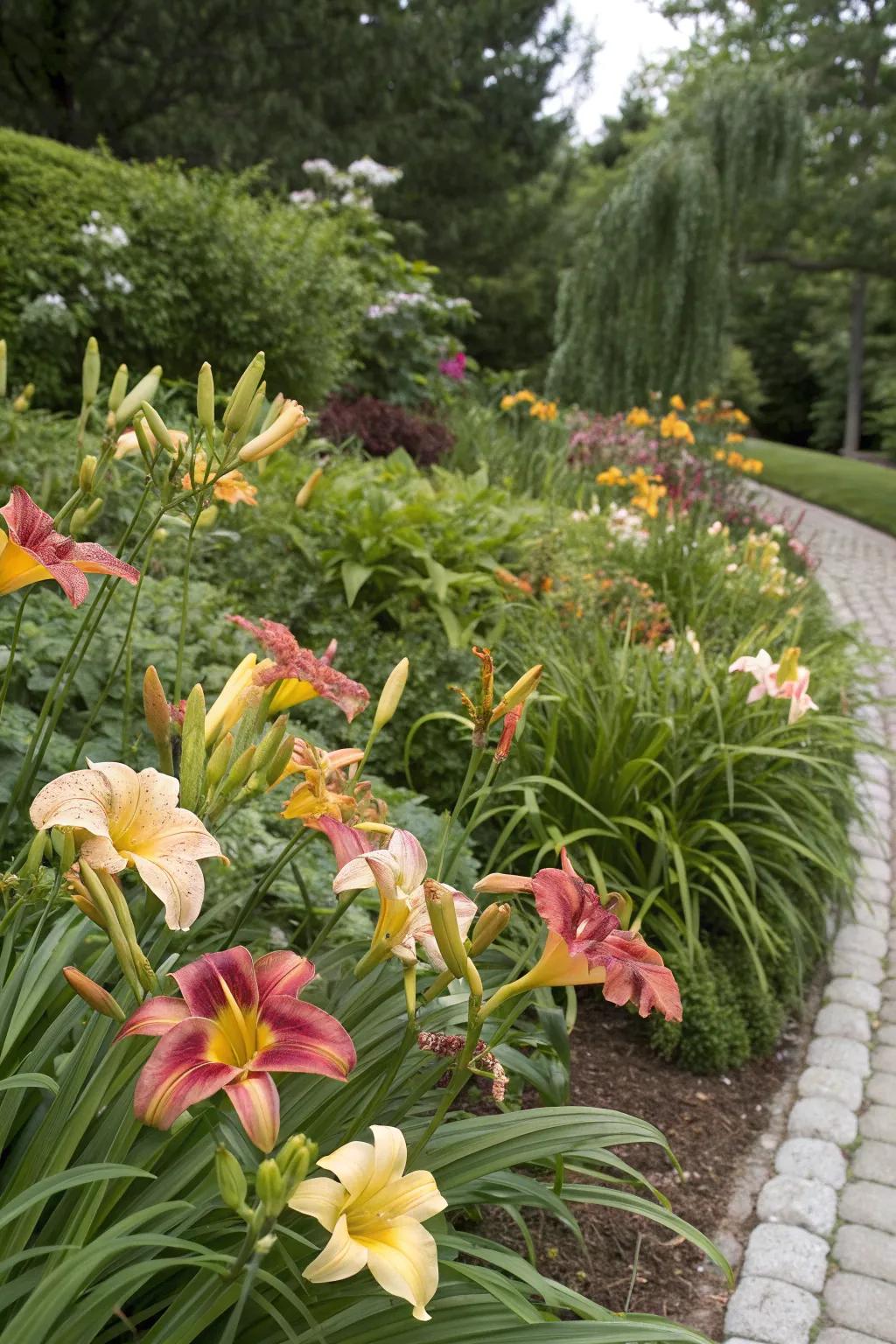 Clusters of daylilies providing vibrant color bursts in a garden.