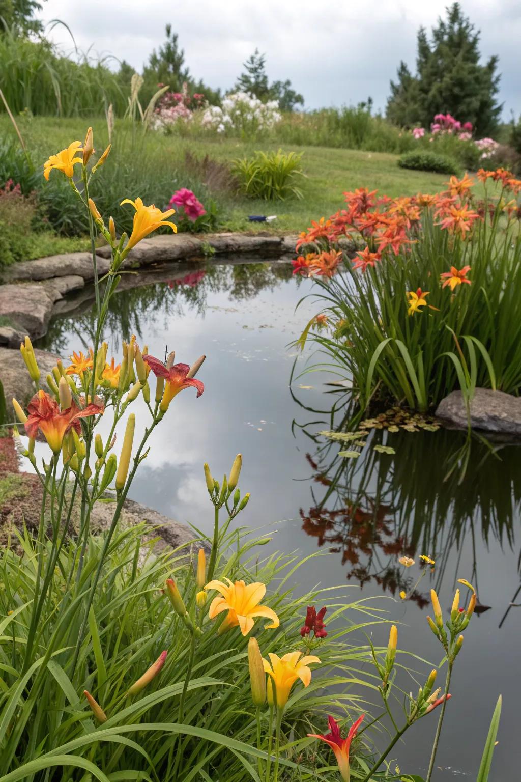 Daylilies beautifully surrounding a water feature, enhancing its visual appeal.
