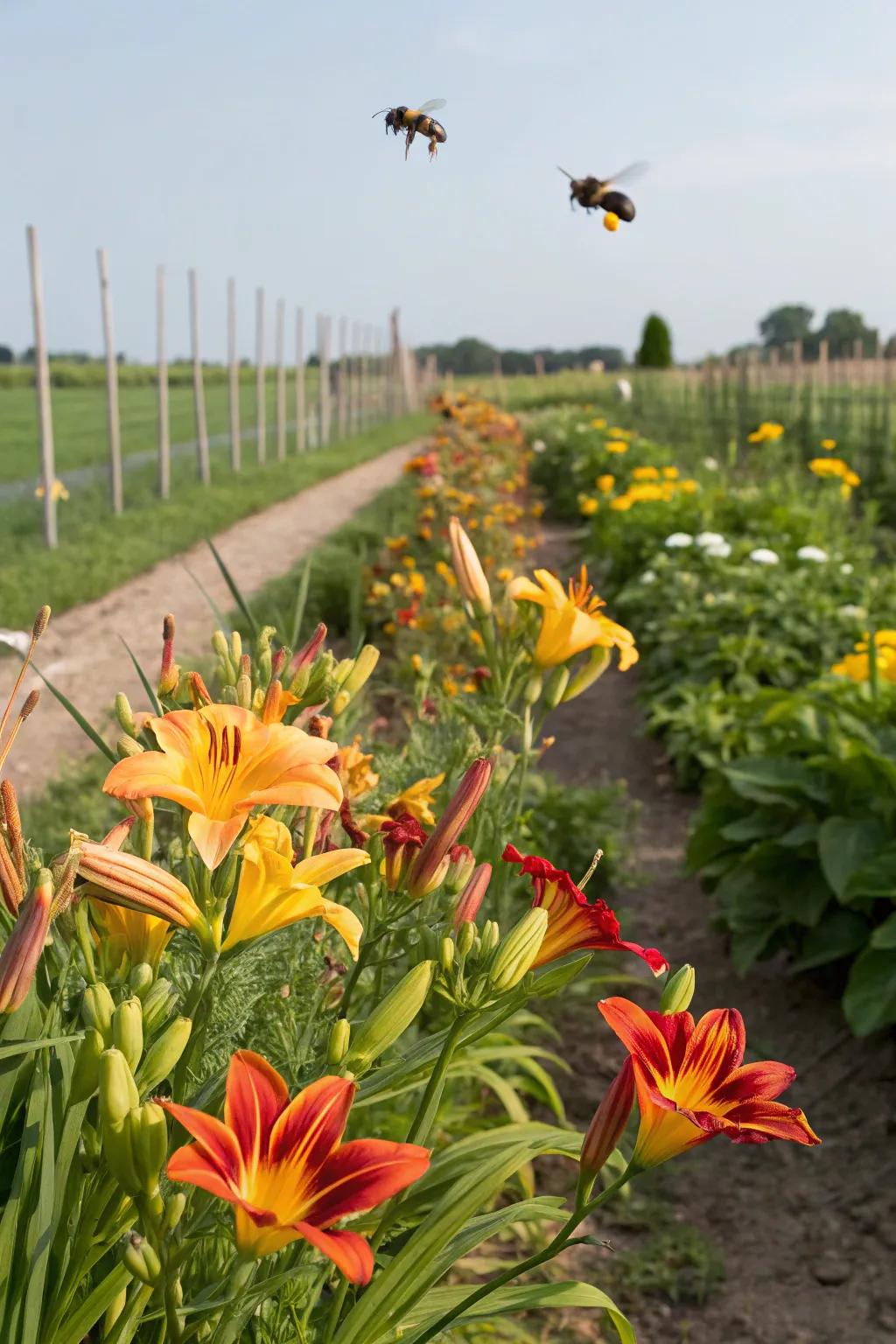 A vegetable garden bordered by daylilies, attracting helpful pollinators.