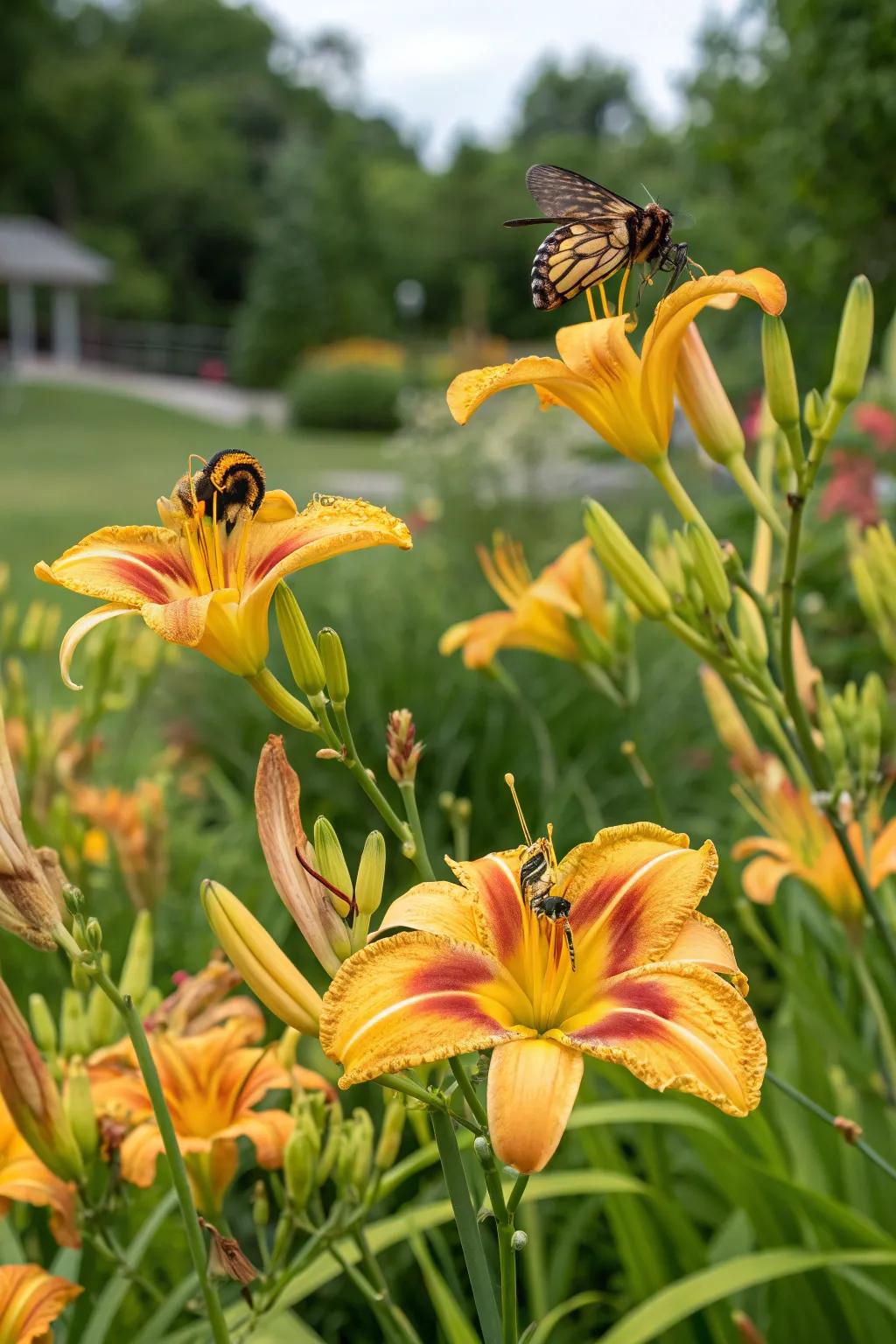 Daylilies attracting pollinators, adding life to the garden.