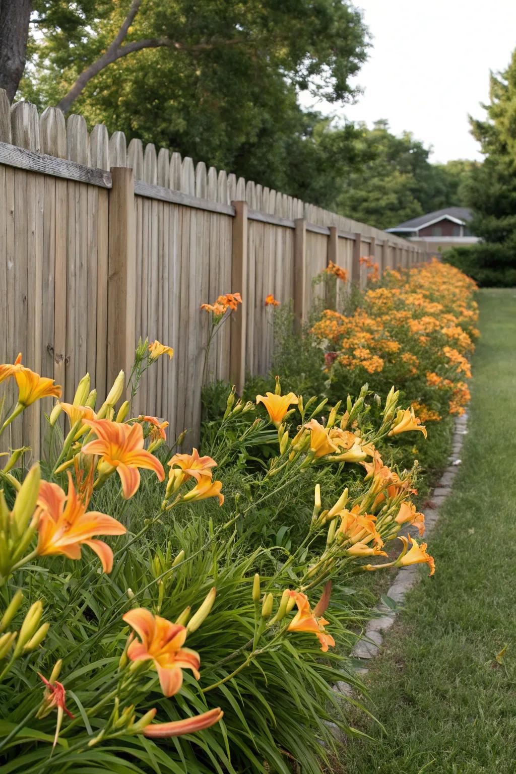Daylilies forming a natural hedge, adding beauty and structure to the garden.