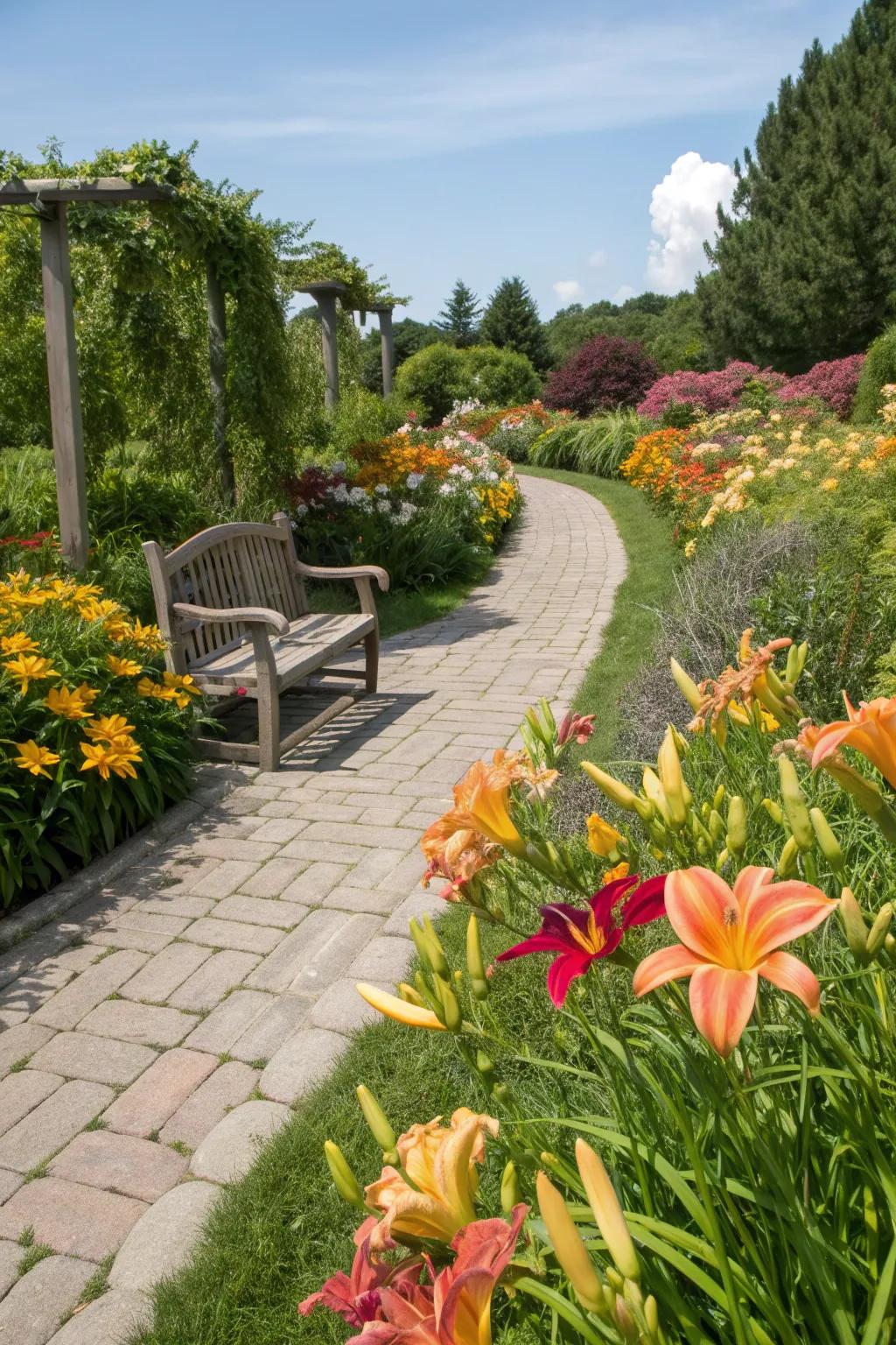 A pathway lined with a rainbow of daylilies creating a charming entrance.