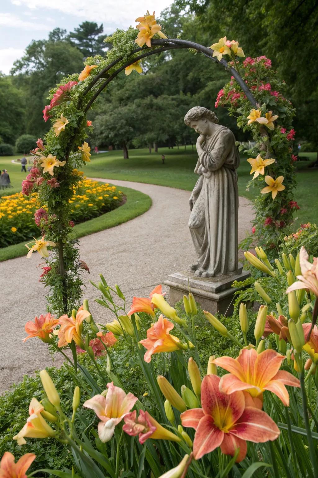 A garden statue beautifully accented by a vibrant border of daylilies.