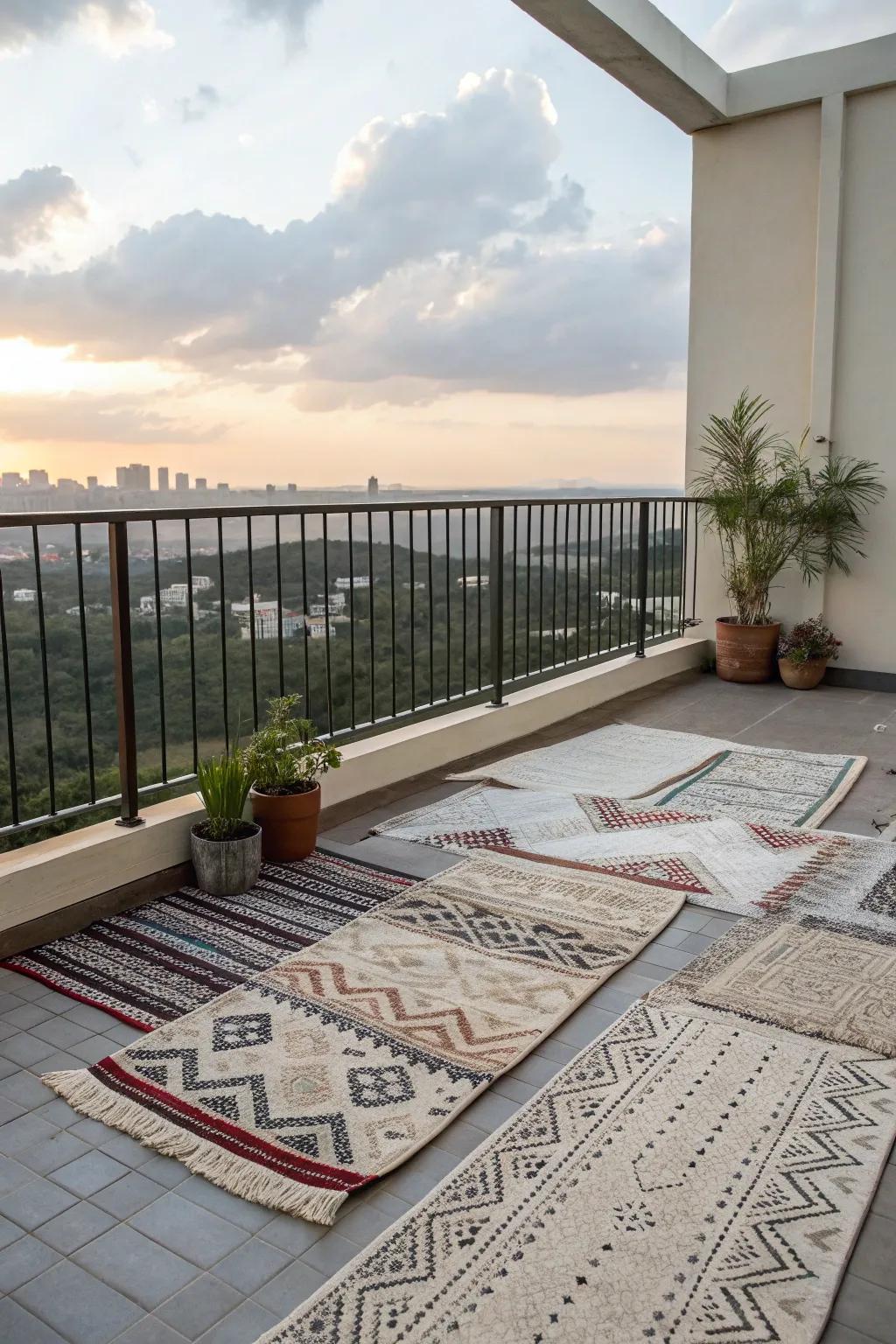 Cozy balcony with layered rugs adding warmth and style.
