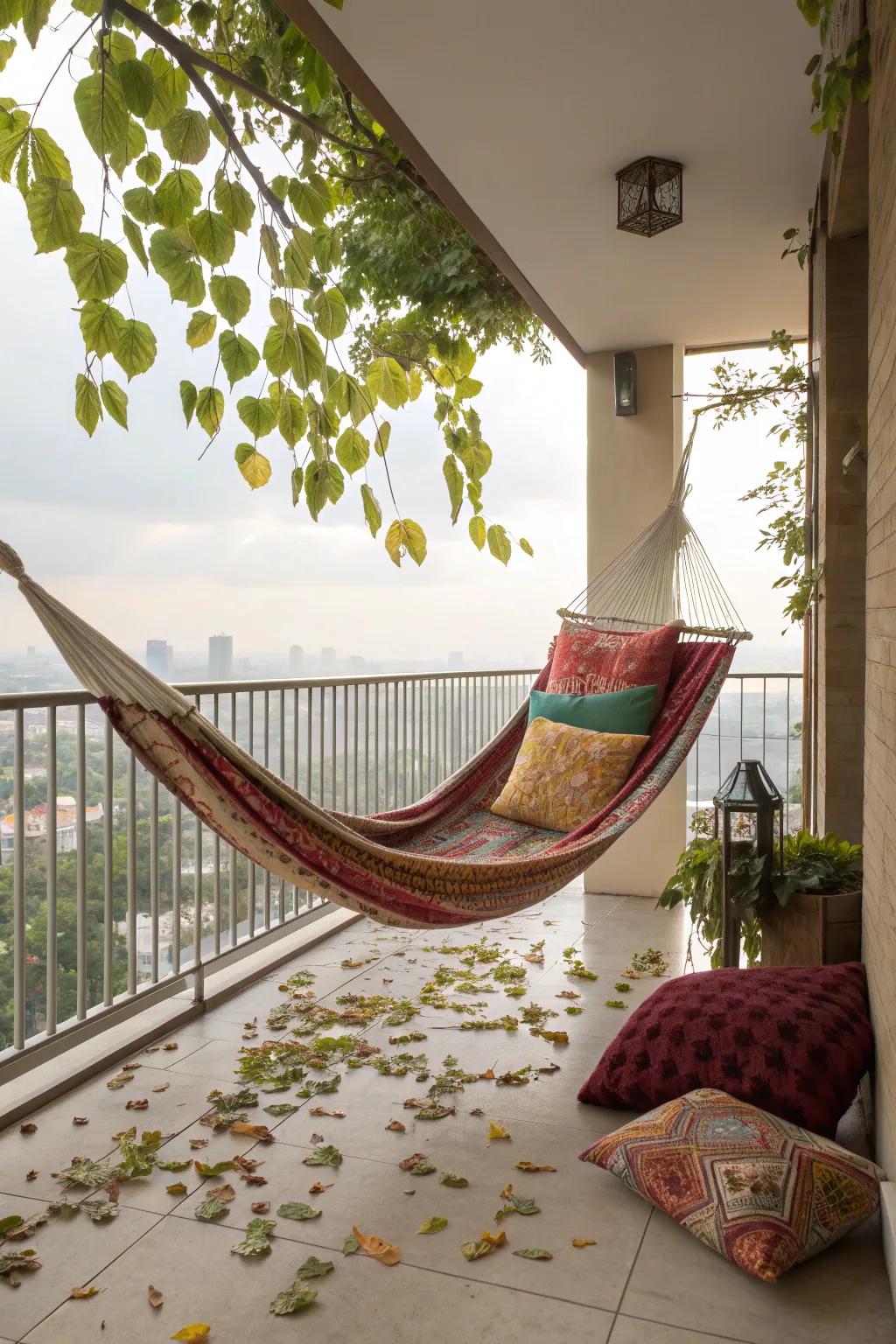 A cozy hammock on a balcony, perfect for relaxing.