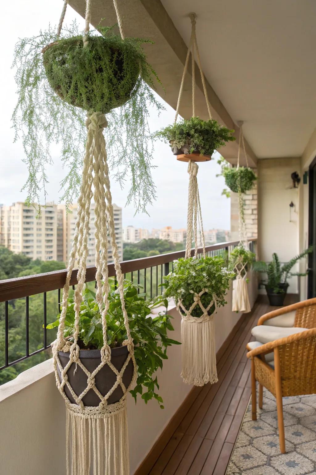 Bohemian macramé planters with lush greenery on a balcony.