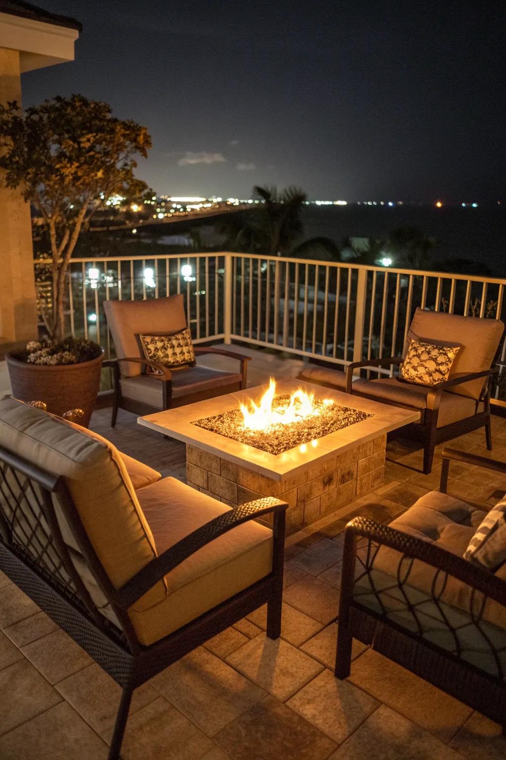 Warm and inviting fire pit table on a cozy balcony.
