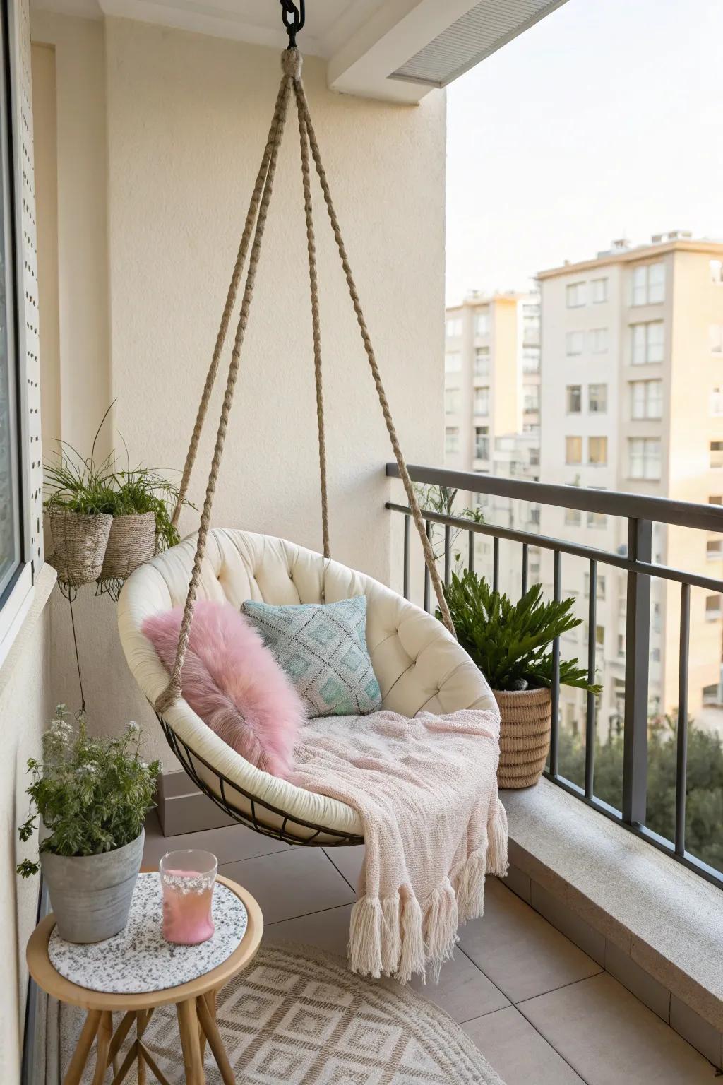 Inviting swing chair on a cozy balcony.
