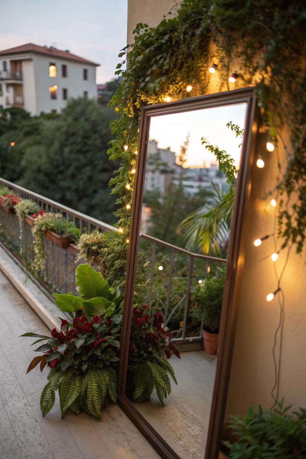 A mirror enhancing the sense of space on a cozy balcony.