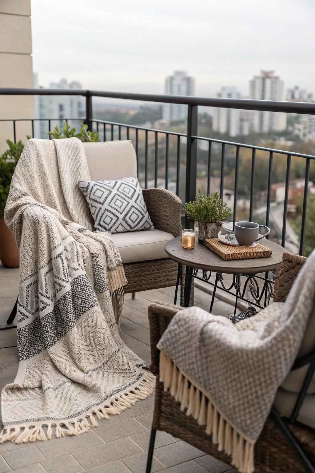 Cozy throws adding warmth to a balcony seating area.