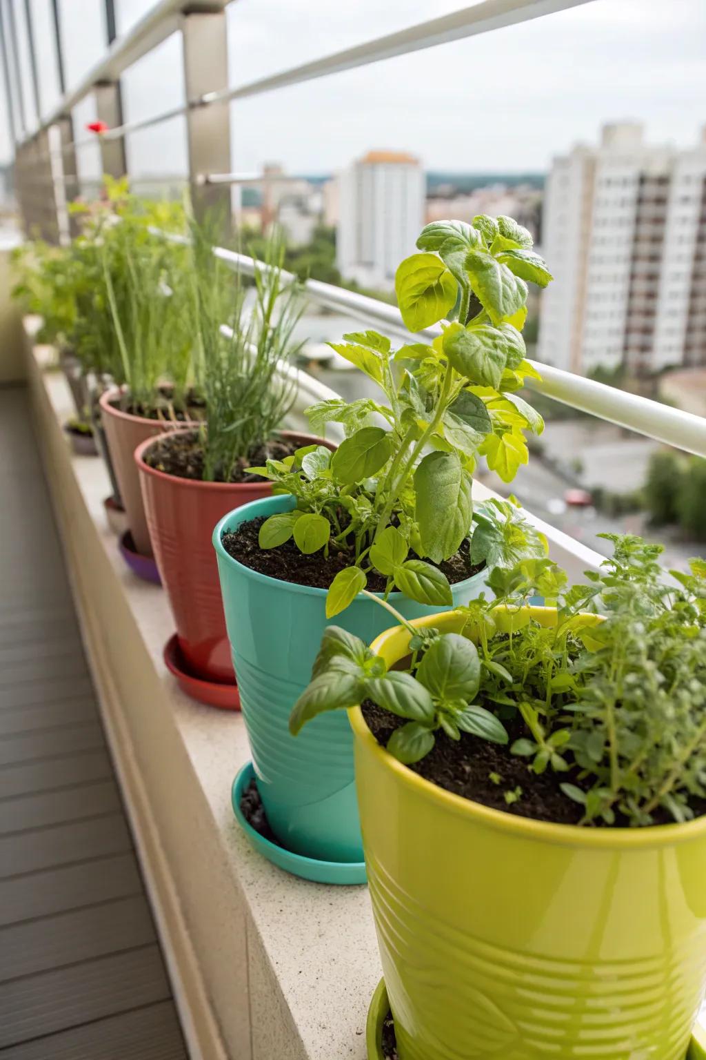 Aromatic mini herb garden on a cozy balcony.