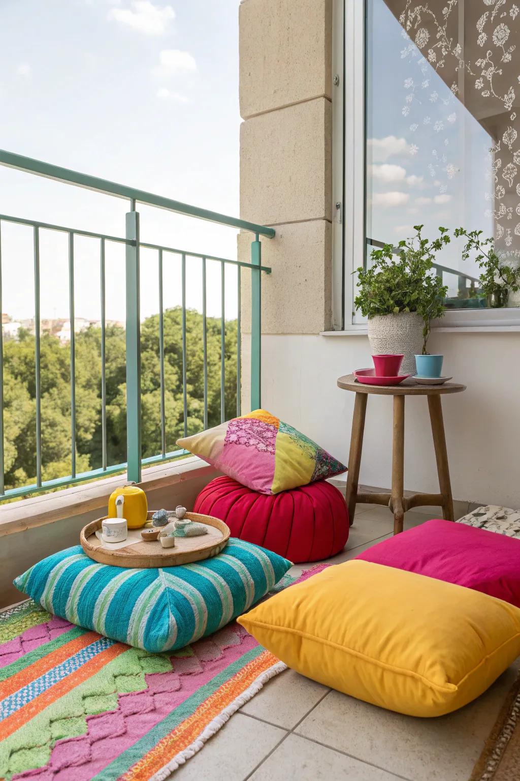 Bright and inviting floor cushions on a charming balcony.