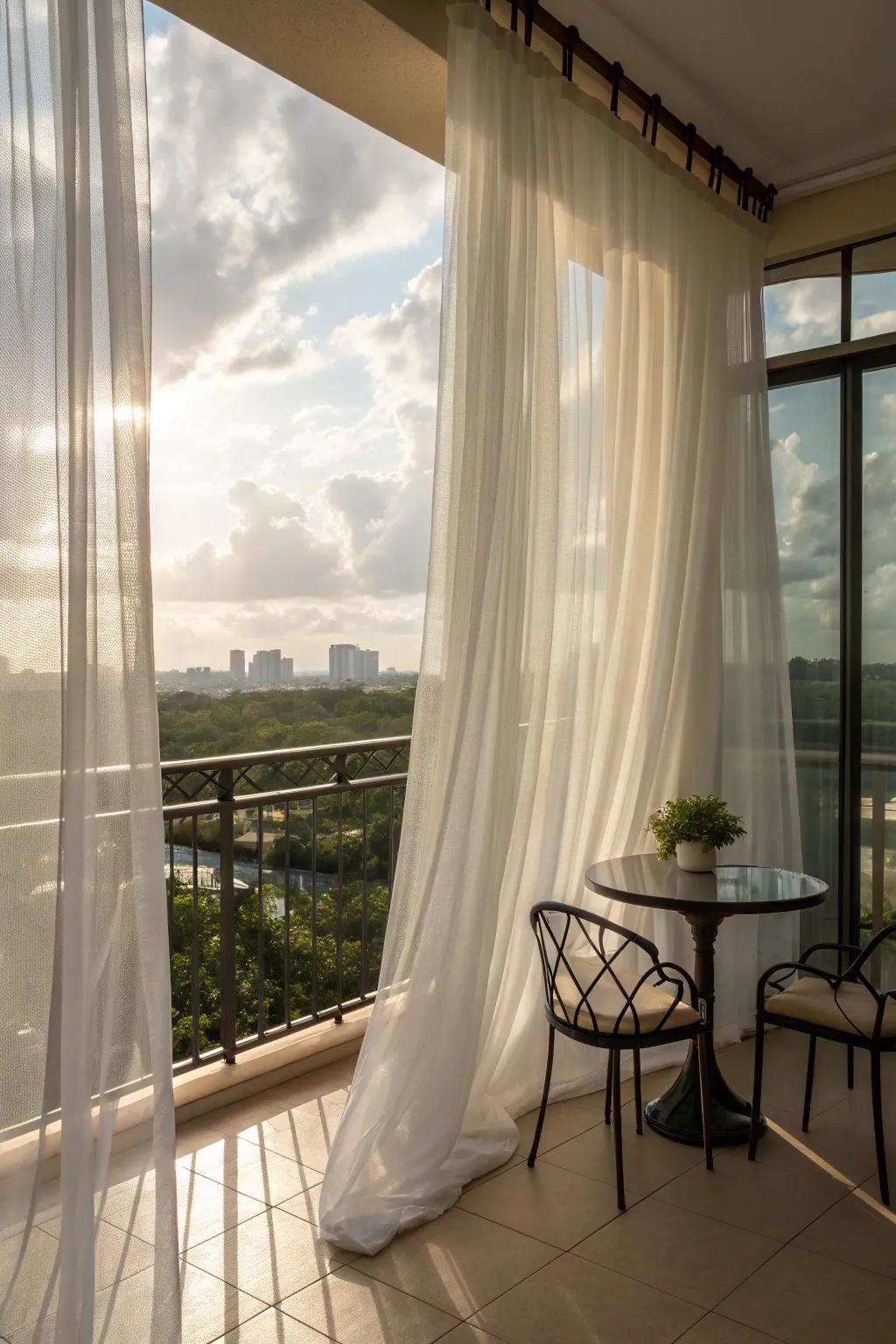 Elegant sheer curtains adding privacy and style to a balcony.