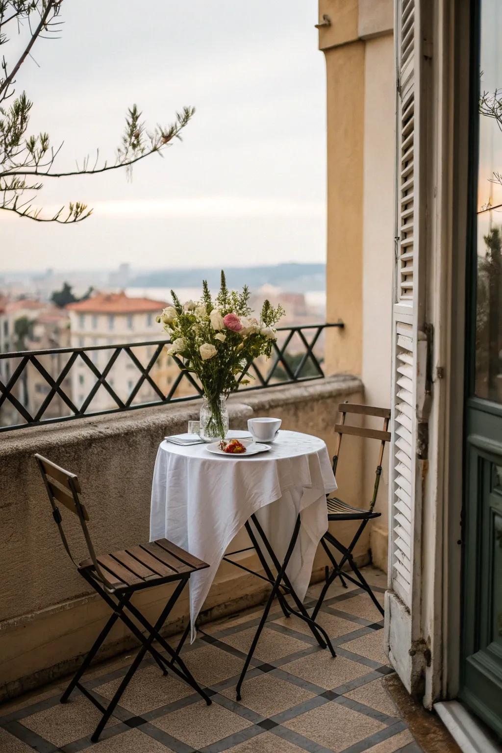 Charming bistro setup on a cozy balcony.